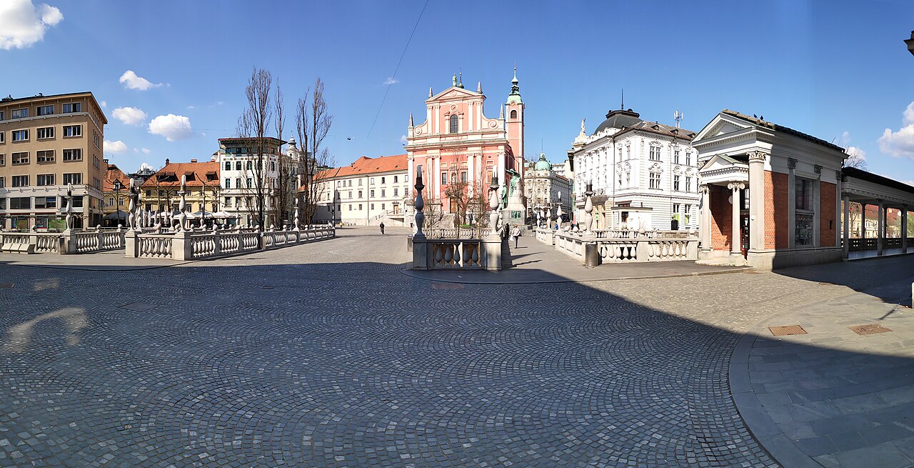 Ljubljana old town and riverside urban scene