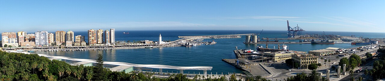 Málaga harbor and Mediterranean city skyline