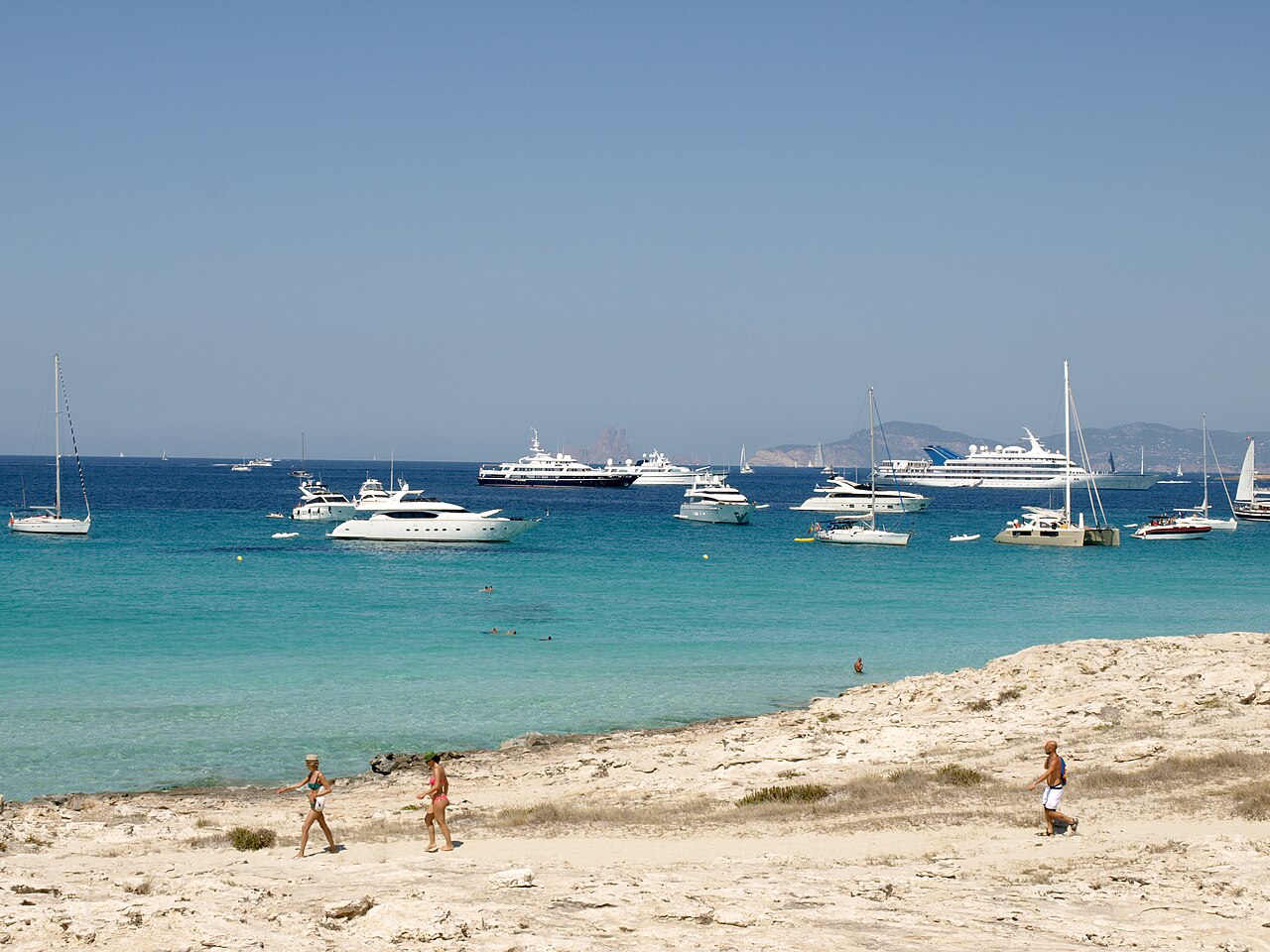 Ses Illetes beach with clear turquoise water on Formentera